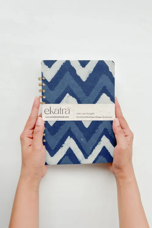 A5 Wire Bound Ruled Journal By Ekatra - Indigo Chevron ( Set Of 2 )