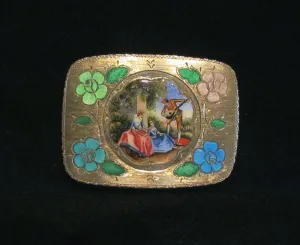 Antique 800 Silver Compact Enamel Courting Scene Guilloche Flowers Excellent Condition
