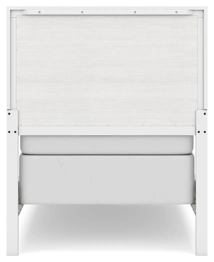Binterglen Twin Panel Bed with Mirrored Dresser, Chest and Nightstand in White