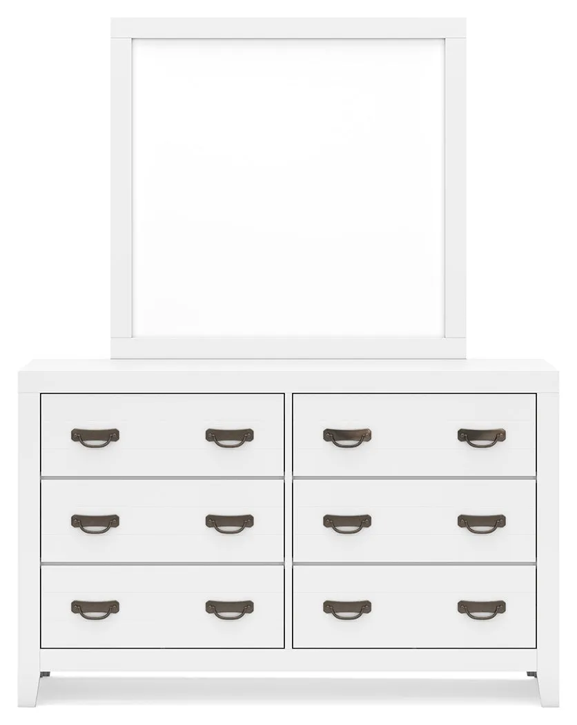 Binterglen Twin Panel Bed with Mirrored Dresser, Chest and Nightstand in White