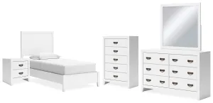 Binterglen Twin Panel Bed with Mirrored Dresser, Chest and Nightstand in White