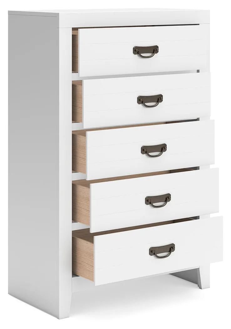 Binterglen Twin Panel Bed with Mirrored Dresser, Chest and Nightstand in White
