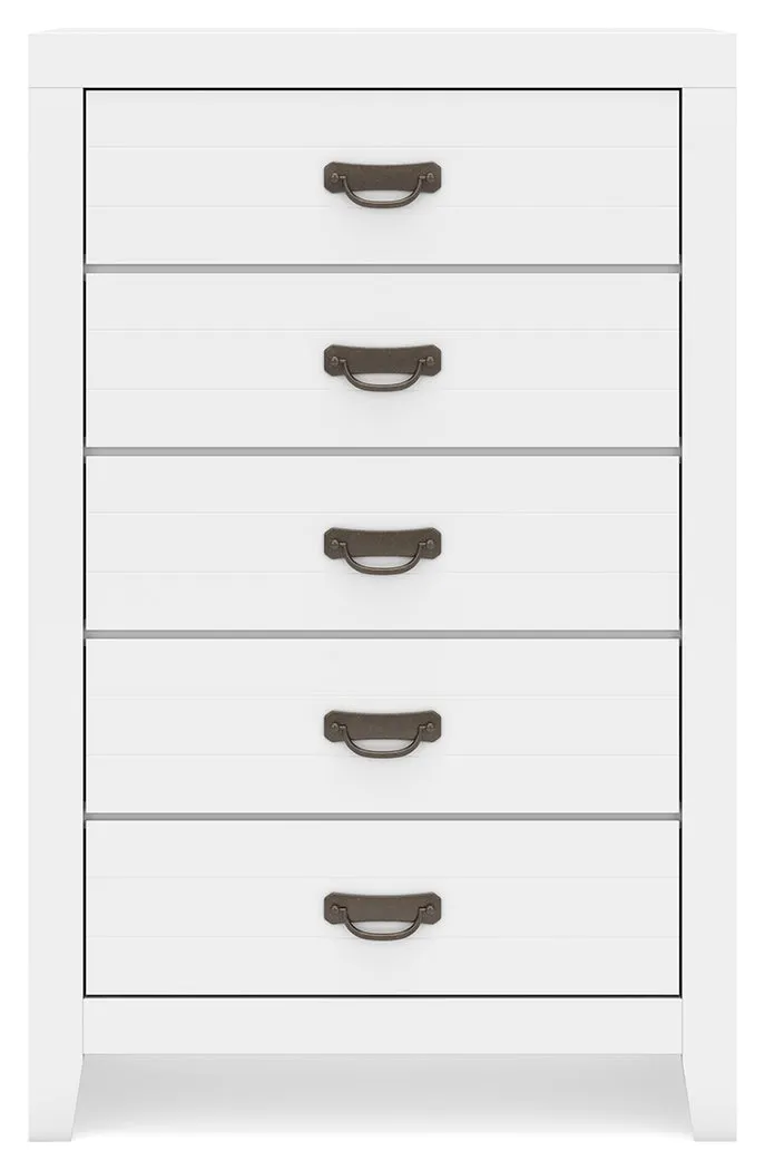 Binterglen Twin Panel Bed with Mirrored Dresser, Chest and Nightstand in White