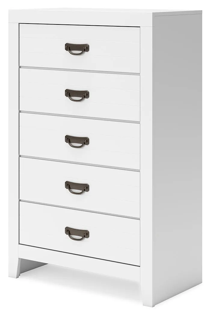 Binterglen Twin Panel Bed with Mirrored Dresser, Chest and Nightstand in White