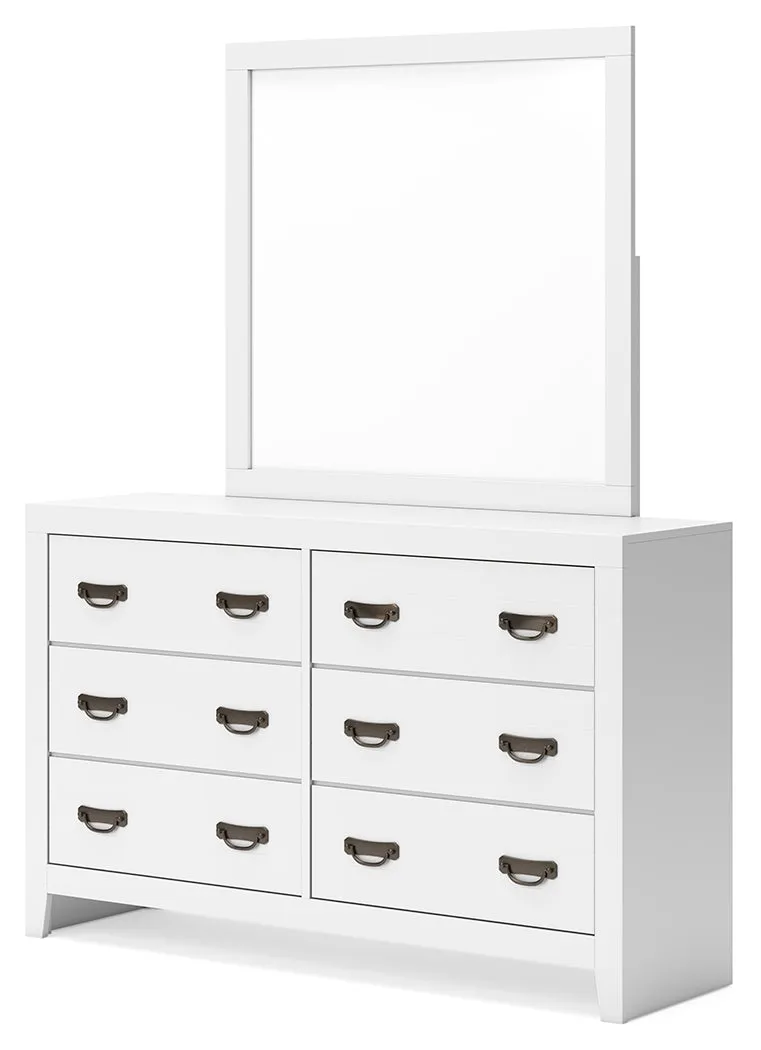 Binterglen Twin Panel Bed with Mirrored Dresser, Chest and Nightstand in White