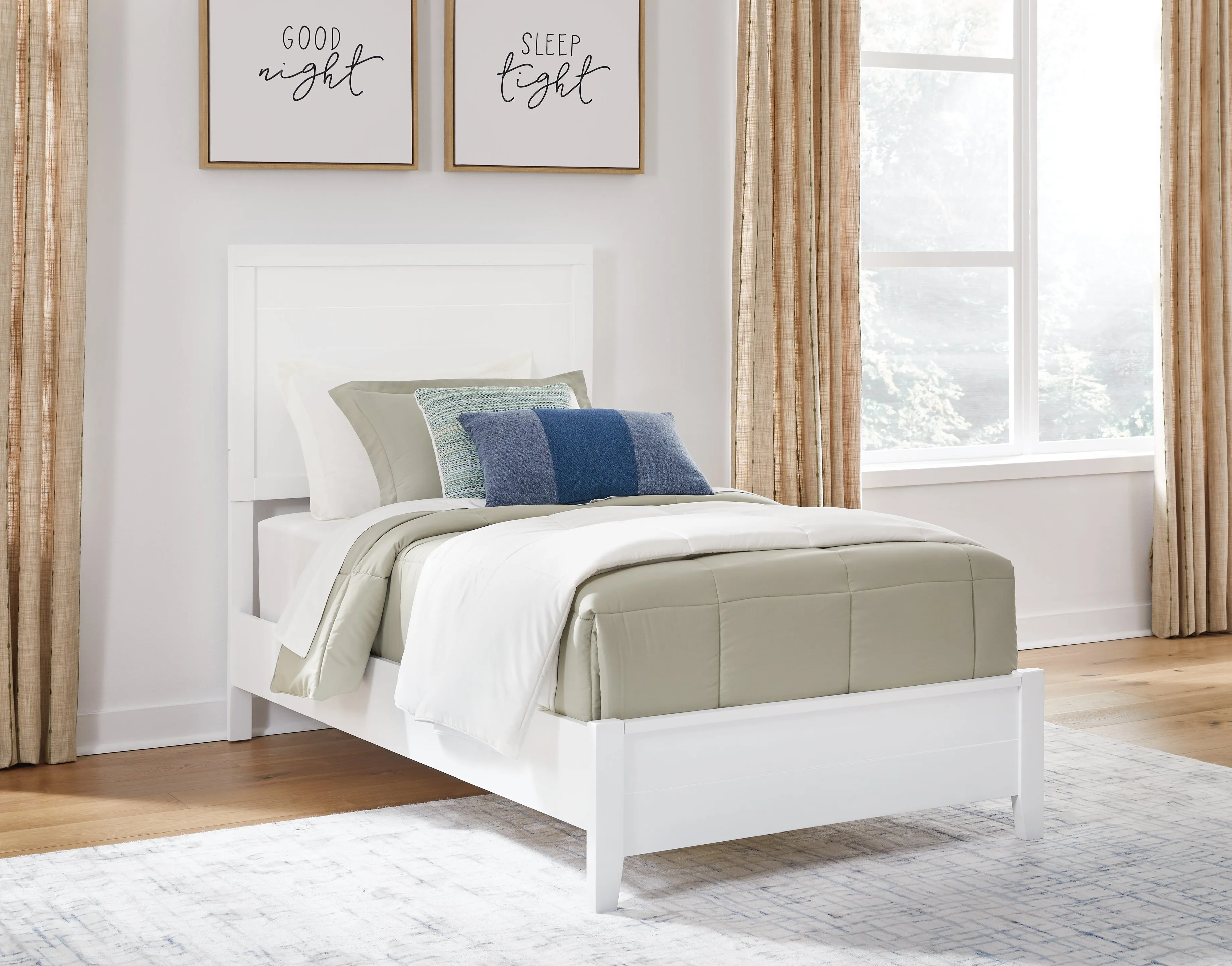 Binterglen Twin Panel Bed with Mirrored Dresser, Chest and Nightstand in White