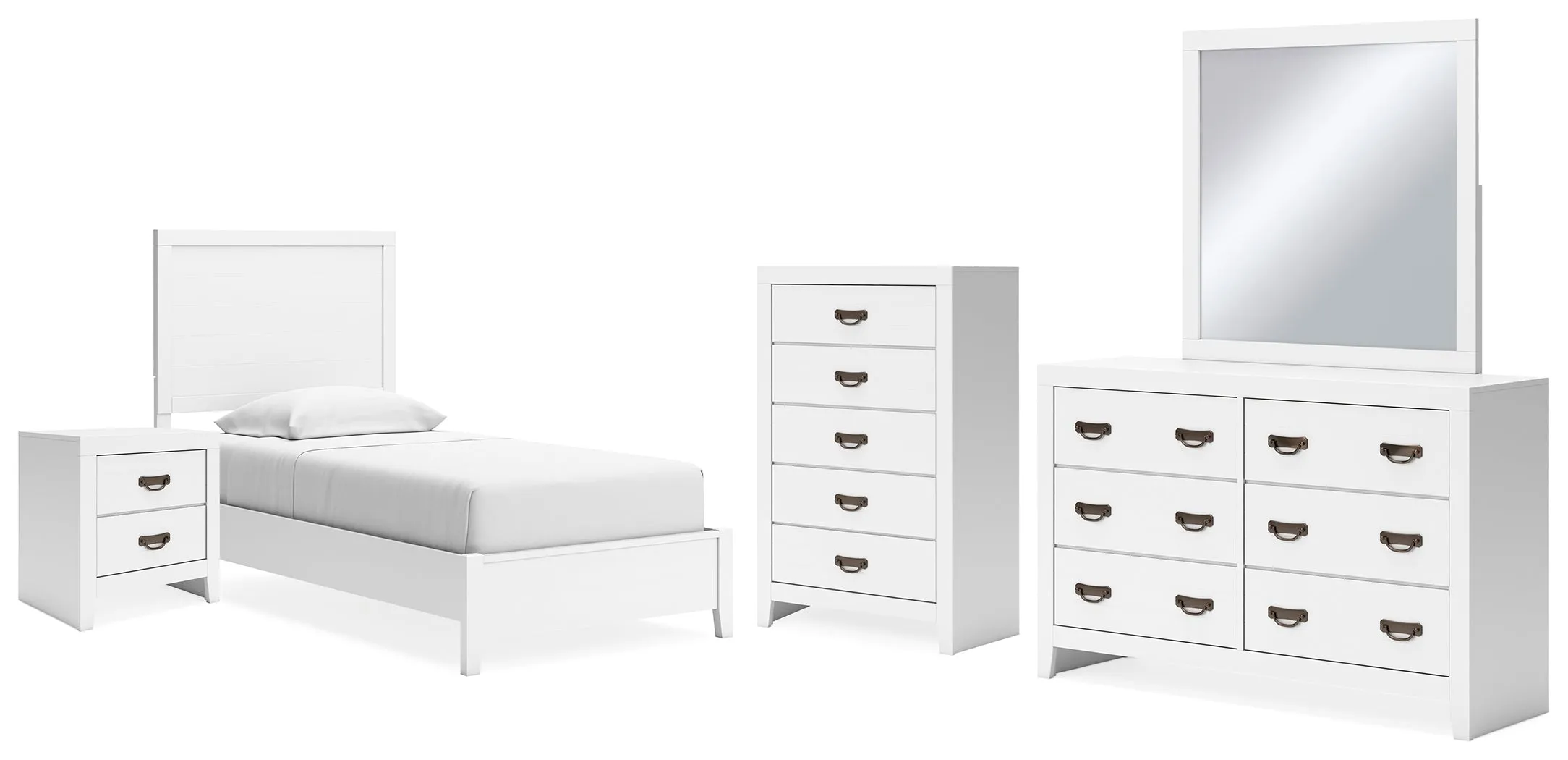 Binterglen Twin Panel Bed with Mirrored Dresser, Chest and Nightstand in White