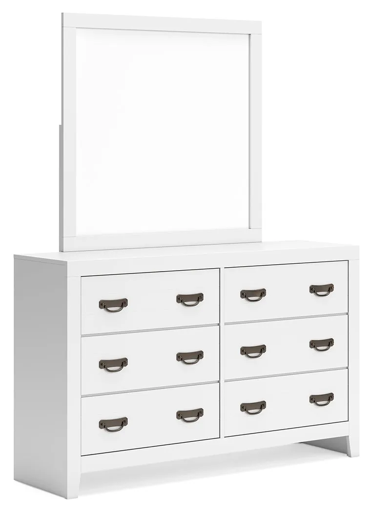 Binterglen Twin Panel Bed with Mirrored Dresser, Chest and Nightstand in White