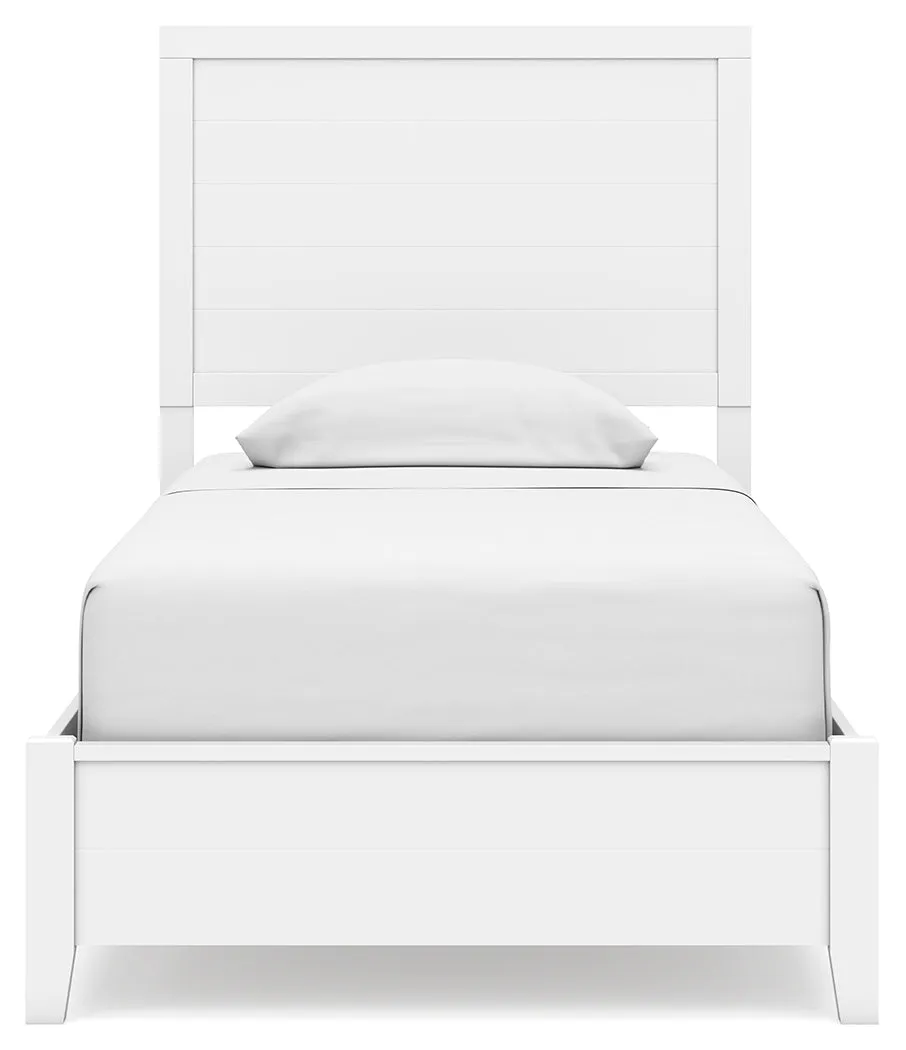 Binterglen Twin Panel Bed with Mirrored Dresser, Chest and Nightstand in White