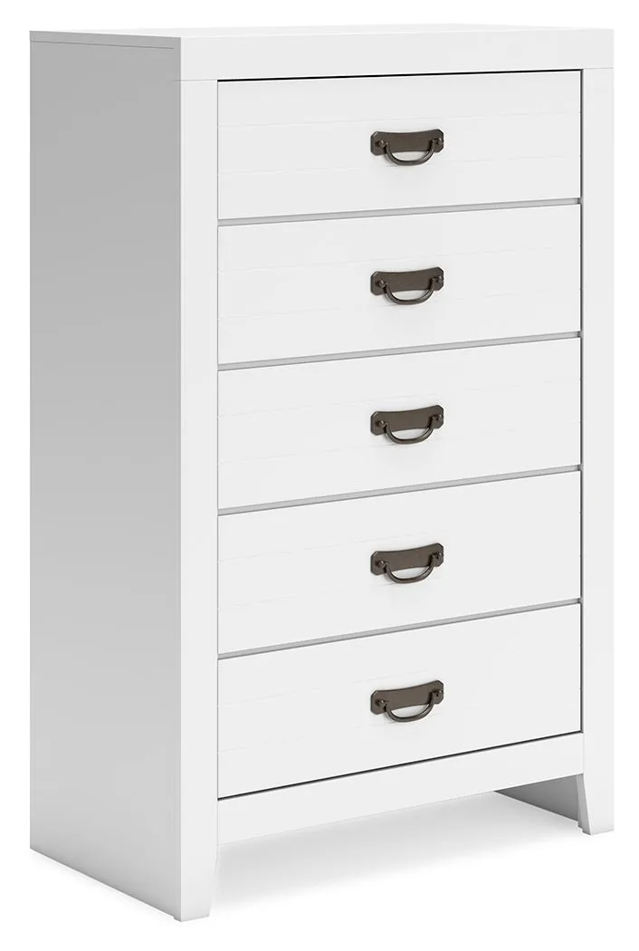 Binterglen Twin Panel Bed with Mirrored Dresser, Chest and Nightstand in White