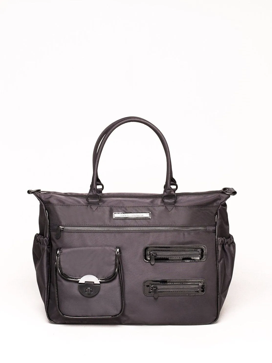 Black Nylon Pocket And Zip Baby Bag With Matte Black Hardware