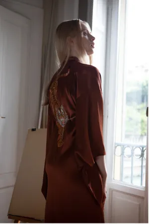 Brown Pure Silk Dragon Urban Kimono