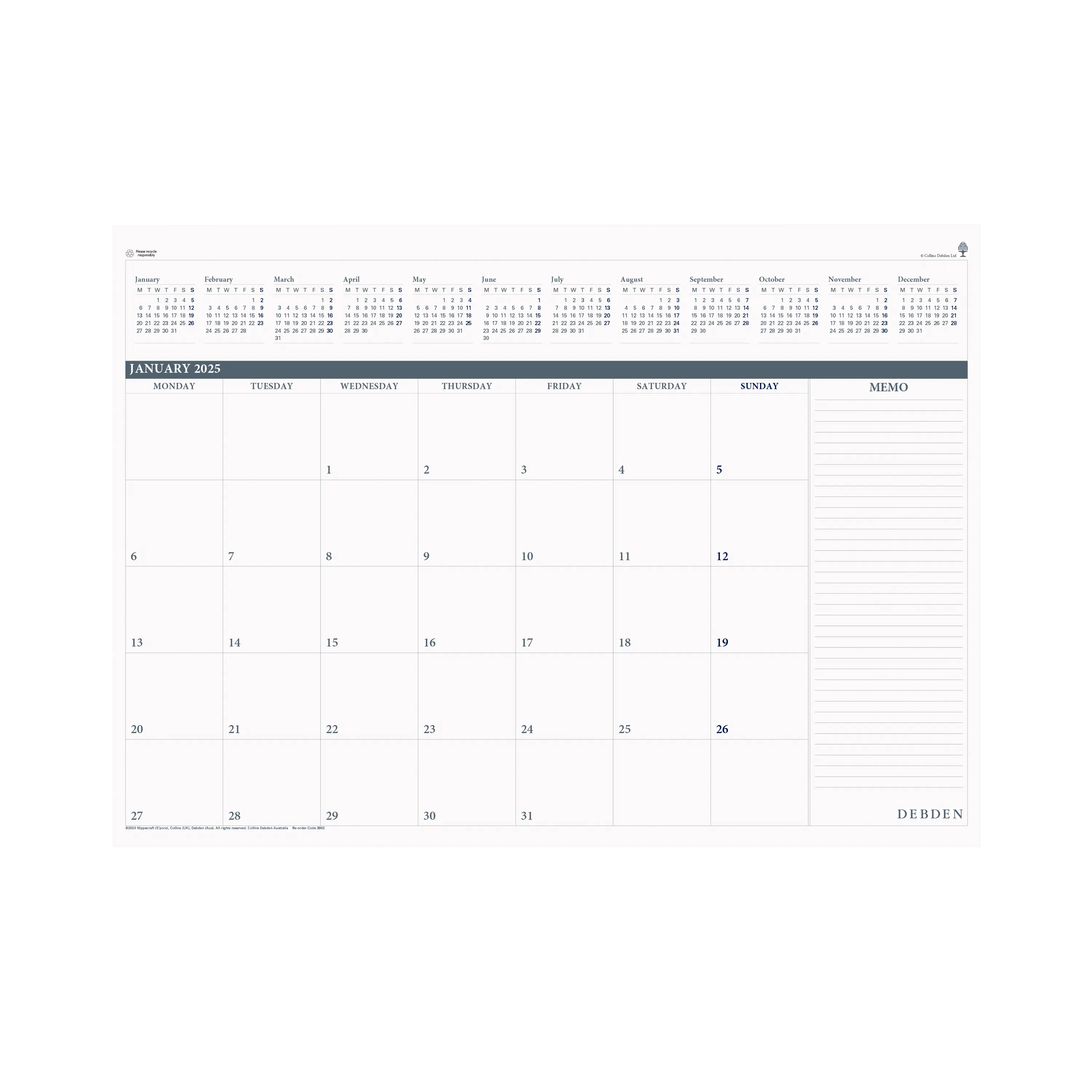Desktop Planner -A2 - Month-to-View - 2025 Calendar Year Diary/Planner