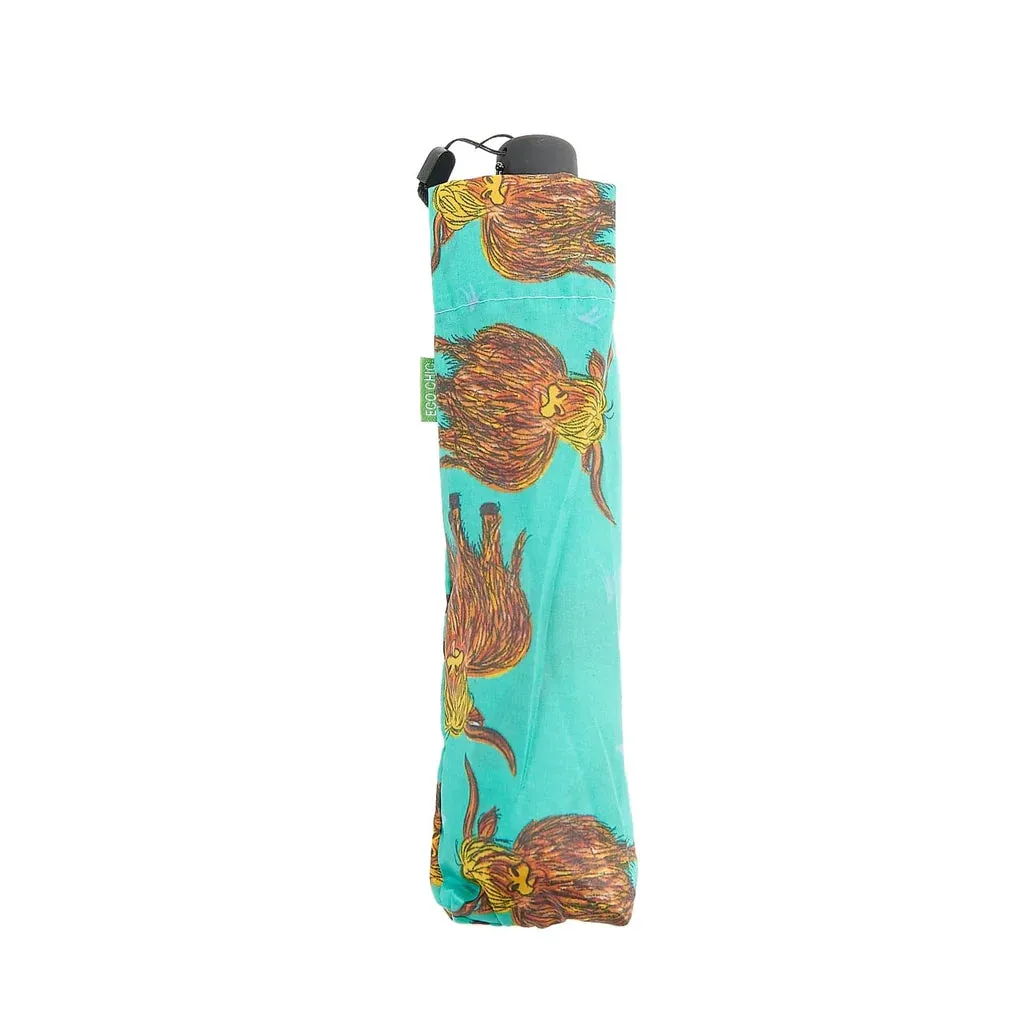 Eco Chic Foldable Mini Umbrella Green Highland Cow