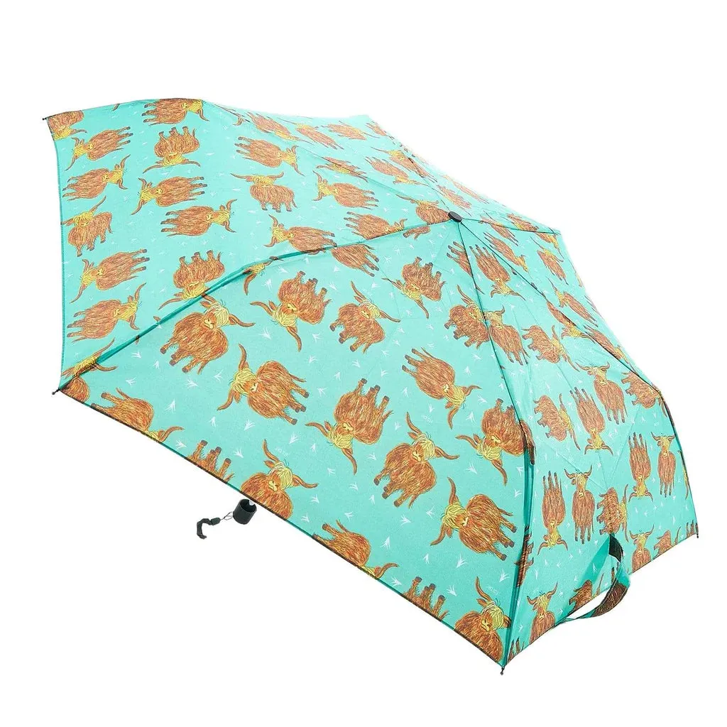 Eco Chic Foldable Mini Umbrella Green Highland Cow
