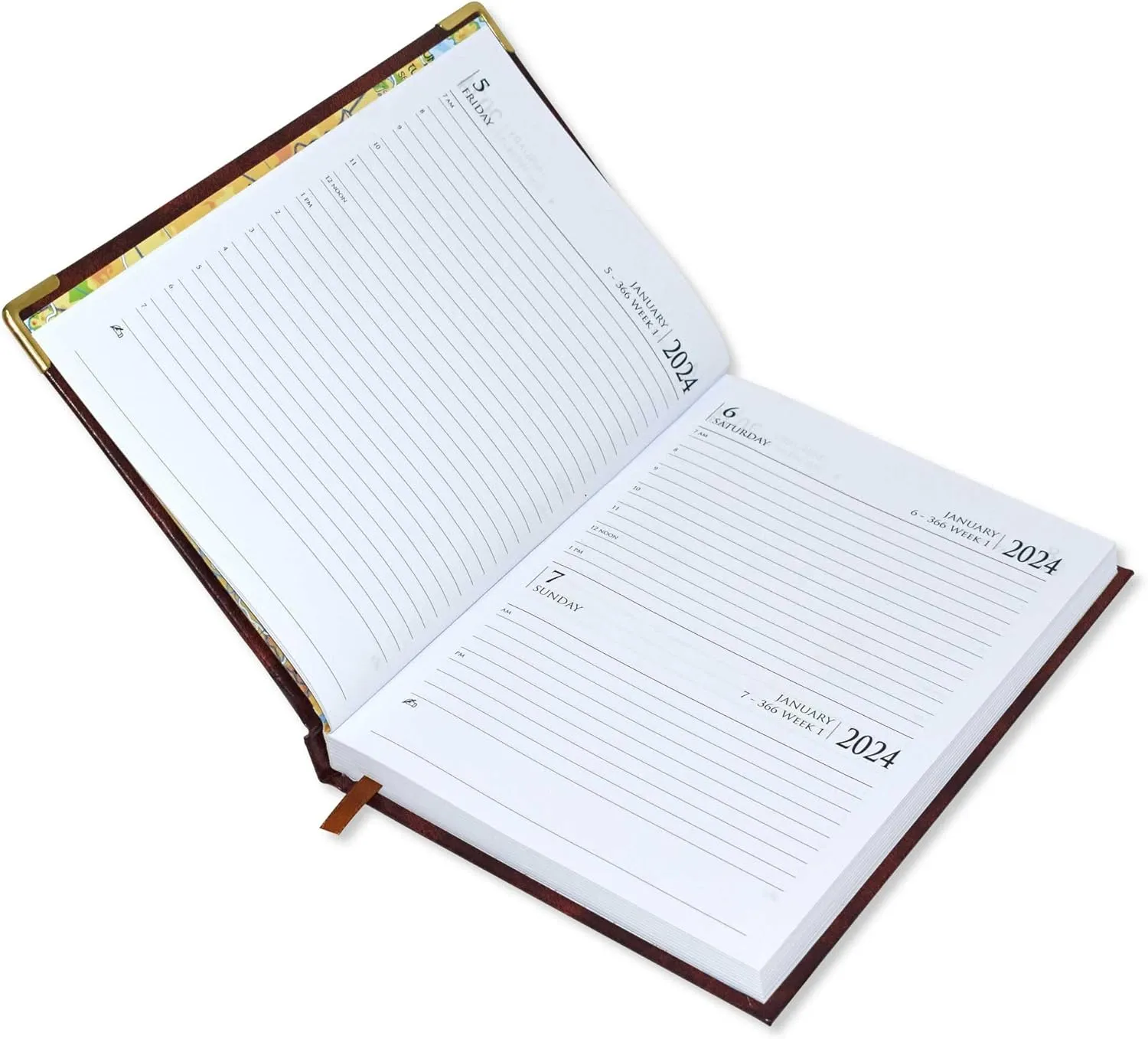 FIS Executive Diary 2024 (Arabic/English/French) 1 Week at a glance, Vinyl, 1 Side Padded, Cover Brown