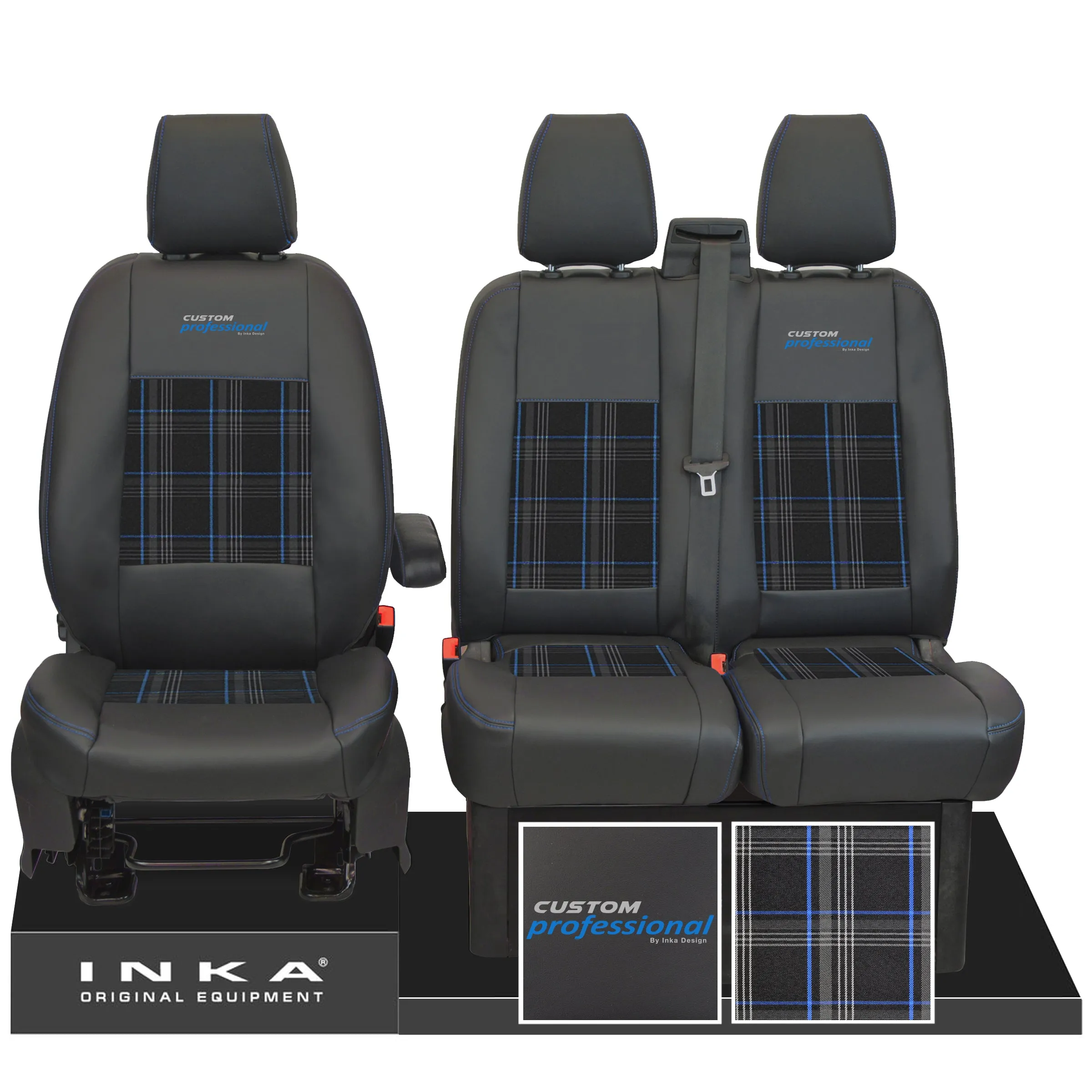 Ford Transit Custom INKA Professional Front 1 2 Tartan Leatherette Tailored Seat Covers Black MY-12-23 (Choice of 7 Colours)