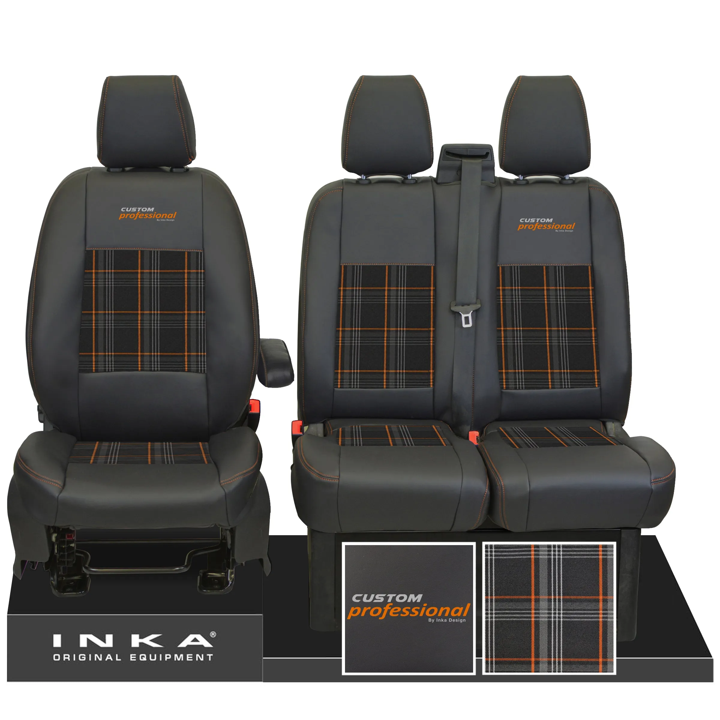 Ford Transit Custom INKA Professional Front 1 2 Tartan Leatherette Tailored Seat Covers Black MY-12-23 (Choice of 7 Colours)