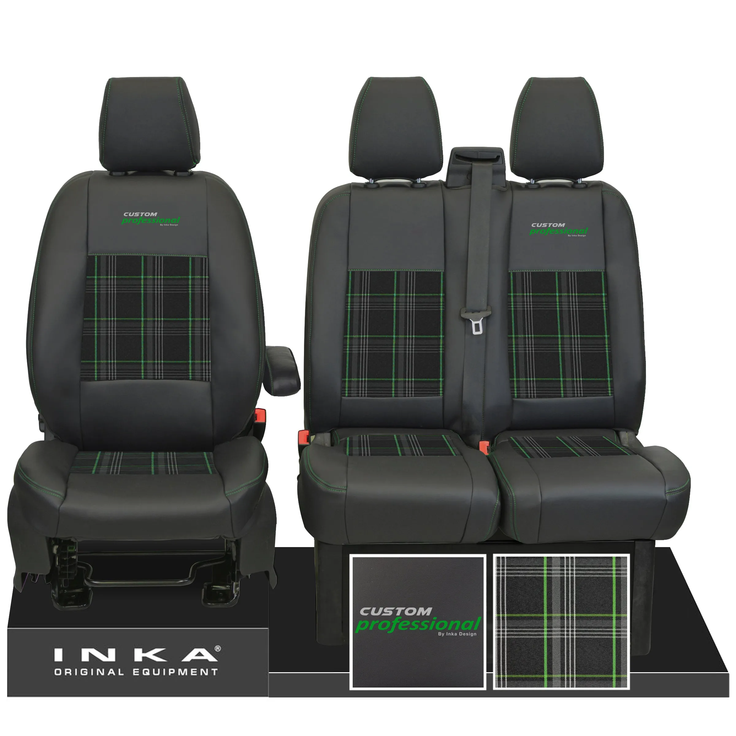 Ford Transit Custom INKA Professional Front 1 2 Tartan Leatherette Tailored Seat Covers Black MY-12-23 (Choice of 7 Colours)
