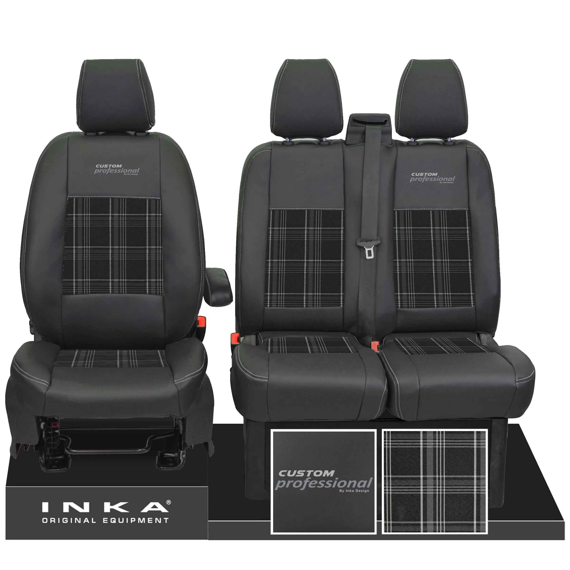 Ford Transit Custom INKA Professional Front 1 2 Tartan Leatherette Tailored Seat Covers Black MY-12-23 (Choice of 7 Colours)