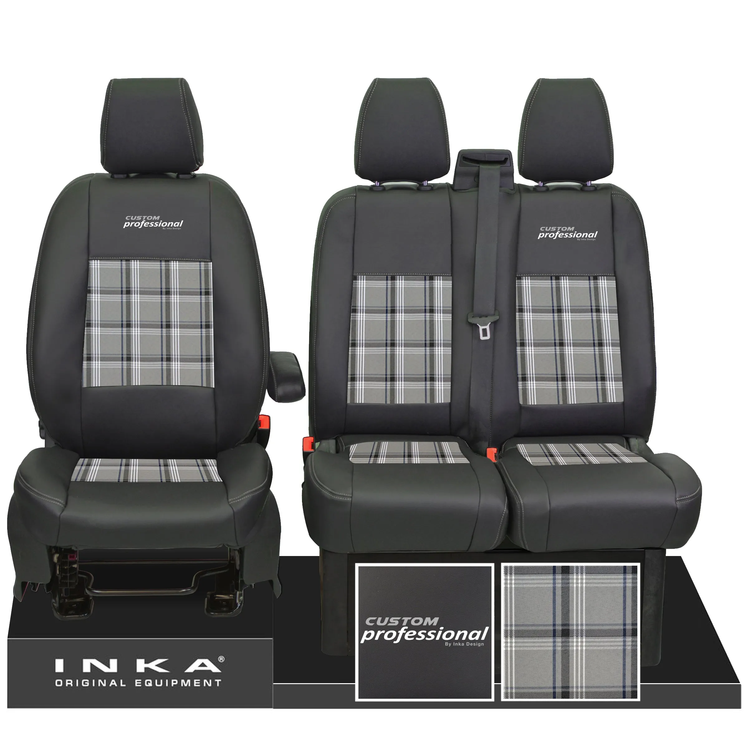 Ford Transit Custom INKA Professional Front 1 2 Tartan Leatherette Tailored Seat Covers Black MY-12-23 (Choice of 7 Colours)
