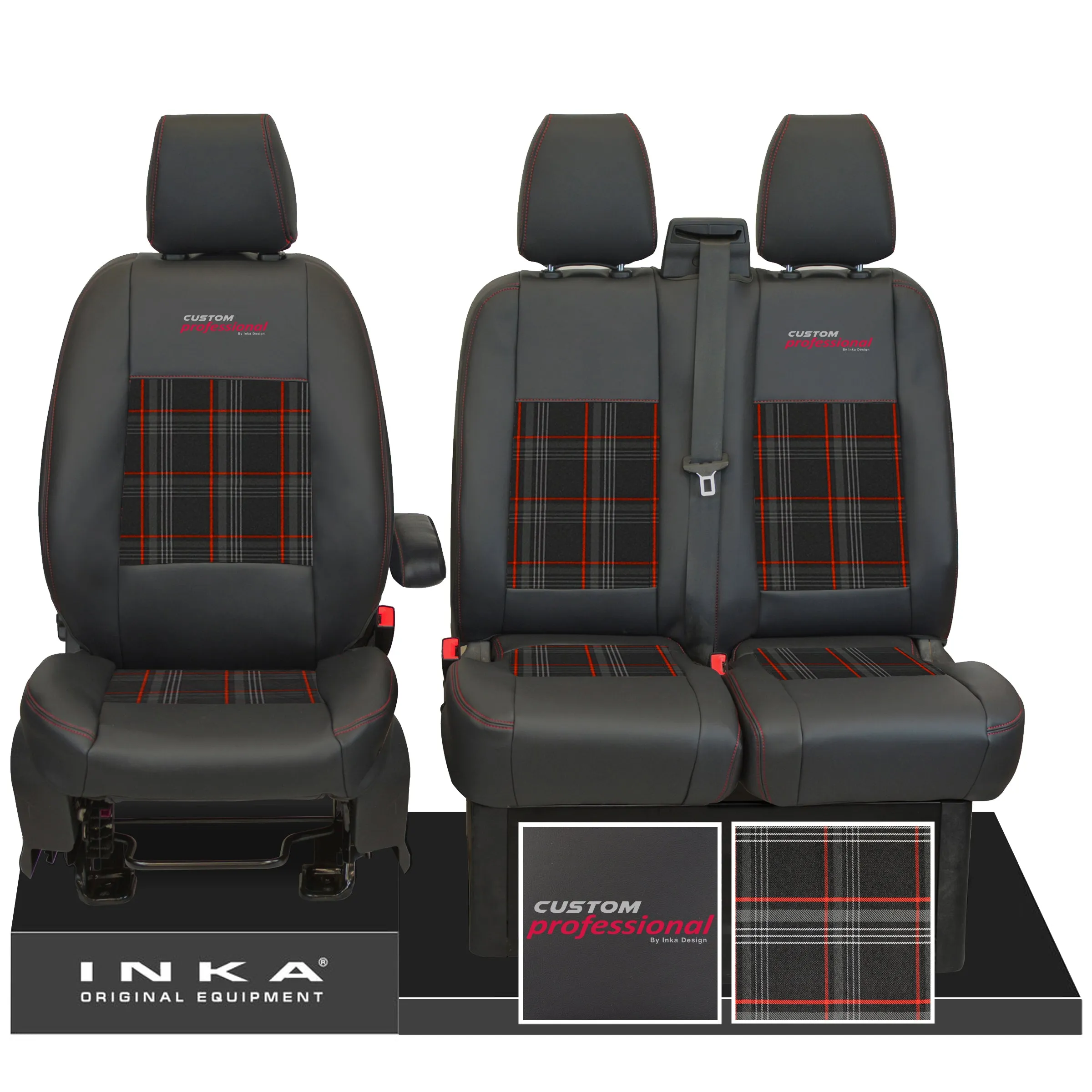 Ford Transit Custom INKA Professional Front 1 2 Tartan Leatherette Tailored Seat Covers Black MY-12-23 (Choice of 7 Colours)