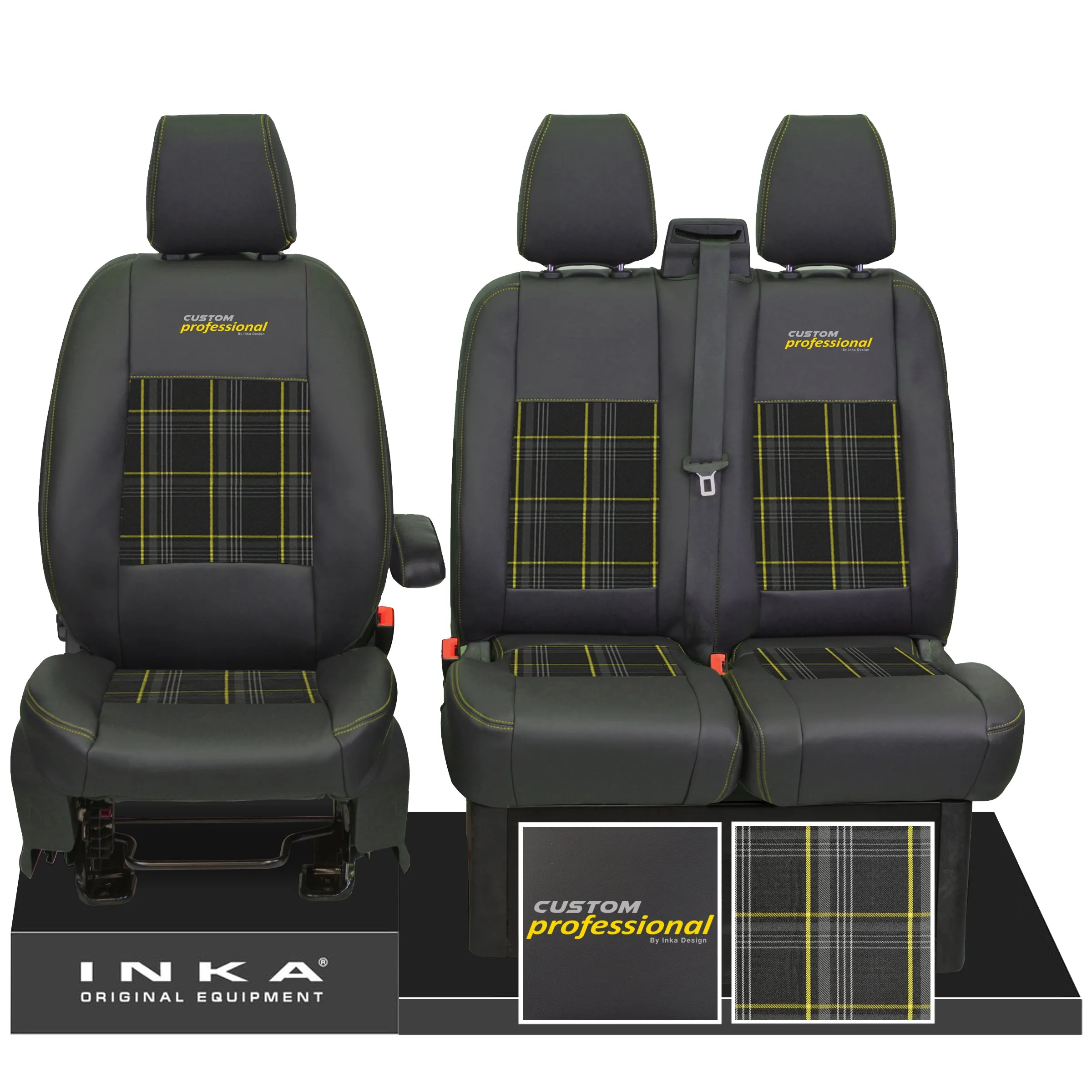 Ford Transit Custom INKA Professional Front 1 2 Tartan Leatherette Tailored Seat Covers Black MY-12-23 (Choice of 7 Colours)