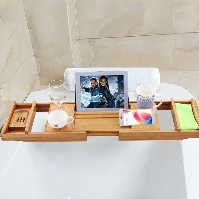Large Spacious Bamboo Bathtub Caddy Tray