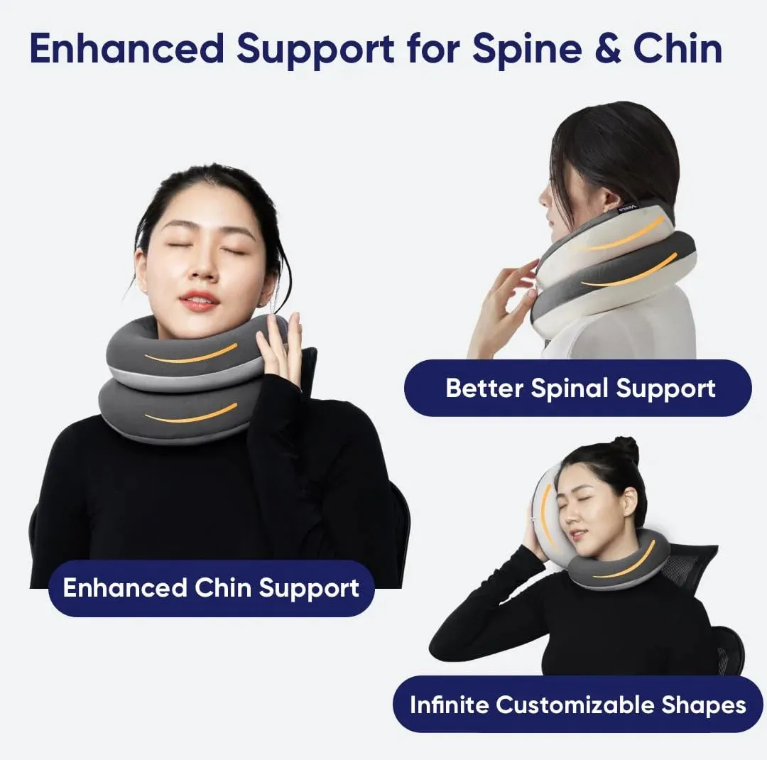 Vesta Travel Pillow | Spiral Wrapping Design, Easy Support Customization for Head, Neck and Chin, Airplane Travel Kit, Storage Bag, Space Grey