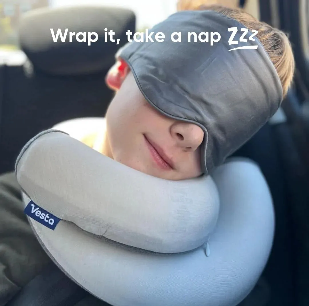 Vesta Travel Pillow | Spiral Wrapping Design, Easy Support Customization for Head, Neck and Chin, Airplane Travel Kit, Storage Bag, Space Grey