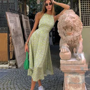 Women Dress Summer New Asia Garden Floral Neck Halter Lace Slings Strap Sweet Green Print High Waist Sexy Lady Long Skirt 2022