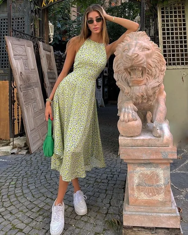 Women Dress Summer New Asia Garden Floral Neck Halter Lace Slings Strap Sweet Green Print High Waist Sexy Lady Long Skirt 2022