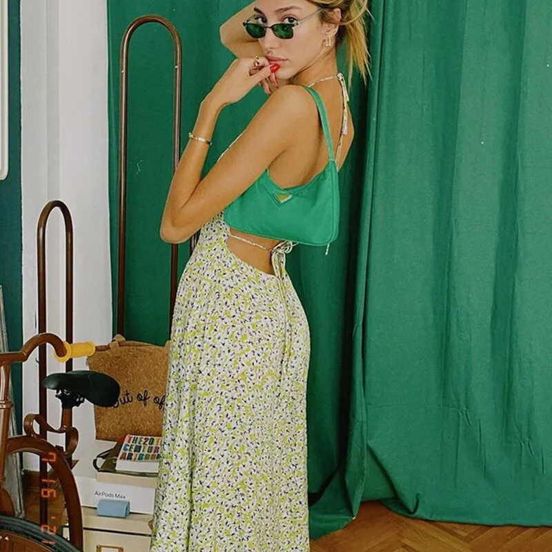 Women Dress Summer New Asia Garden Floral Neck Halter Lace Slings Strap Sweet Green Print High Waist Sexy Lady Long Skirt 2022